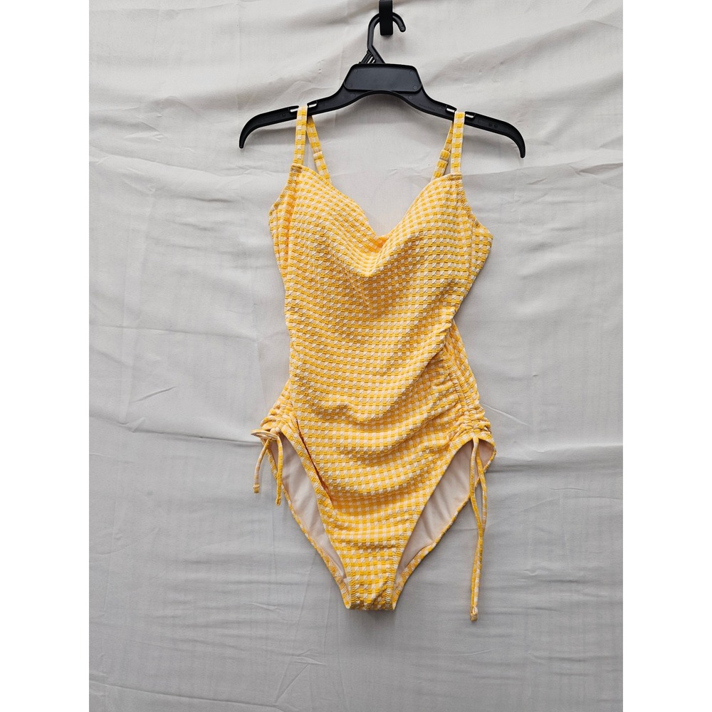 Shade & Shore Womens Gingham One Piece Swimsuit Yellow Poly Blend Size Large